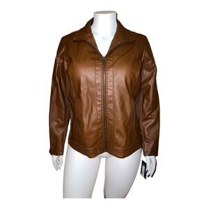 Kenneth Cole Womens Plus Size Faux-Leather Jacket Caramel Brown 1X NWT